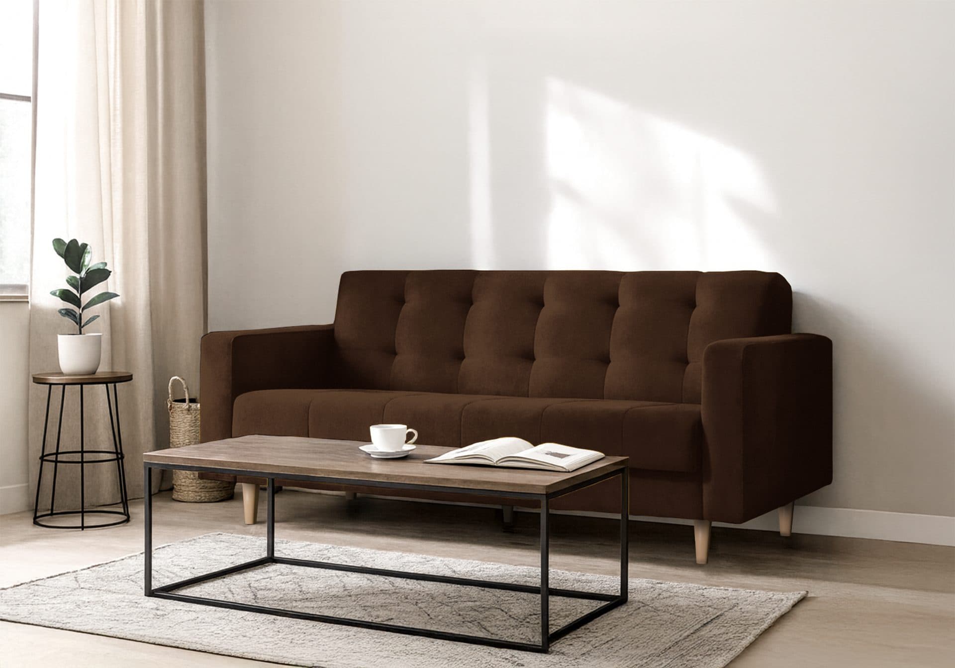 Sofa 3-osobowa Lizbona w brązowej tapicerce – aranżacja w jasnym salonie | Mollien