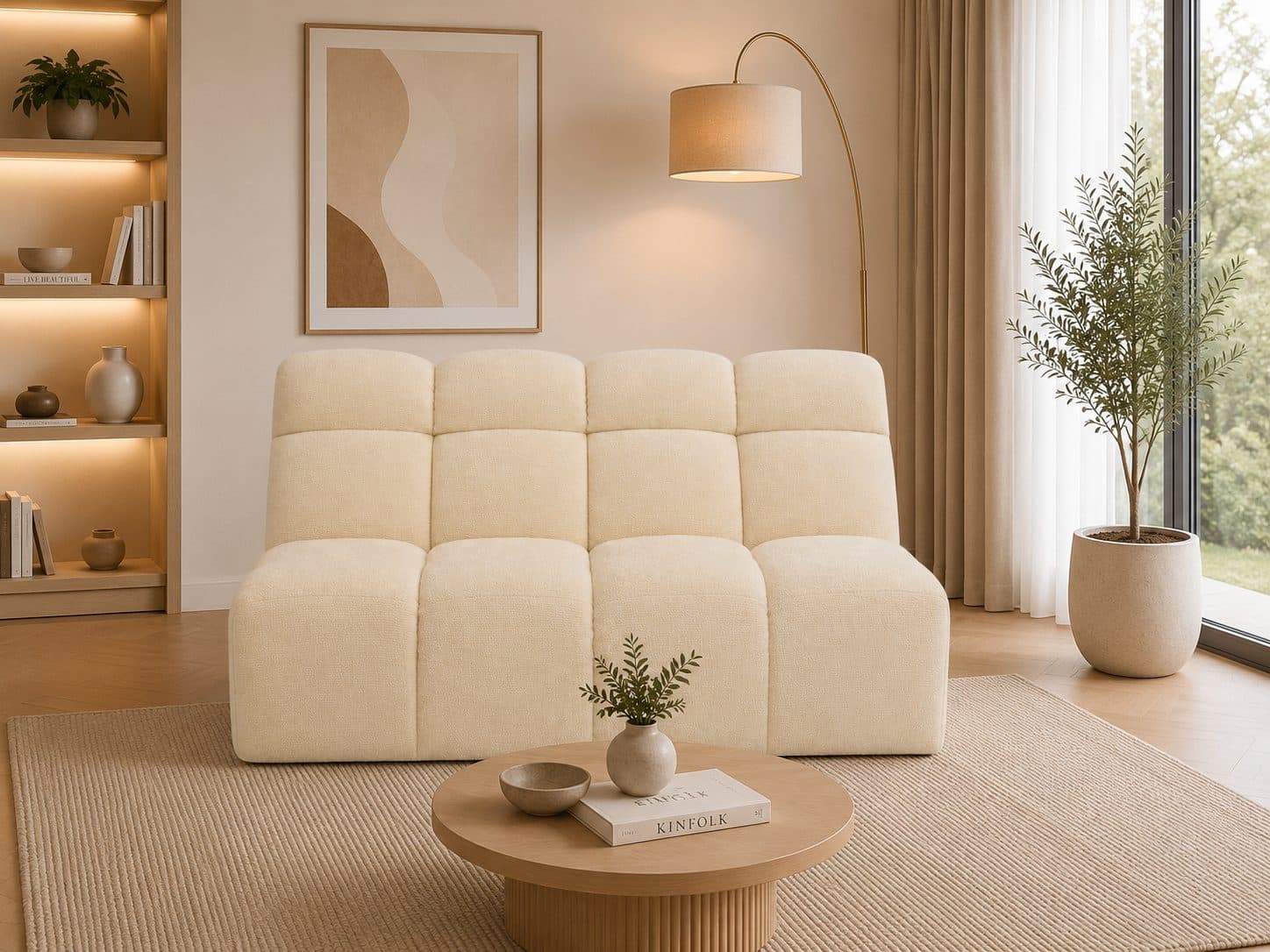 Sofa modułowa Nuvo bez podłokietników – nowoczesny moduł tapicerowany do salonu z zaokrągloną formą i dekoracyjnymi pikowaniami.