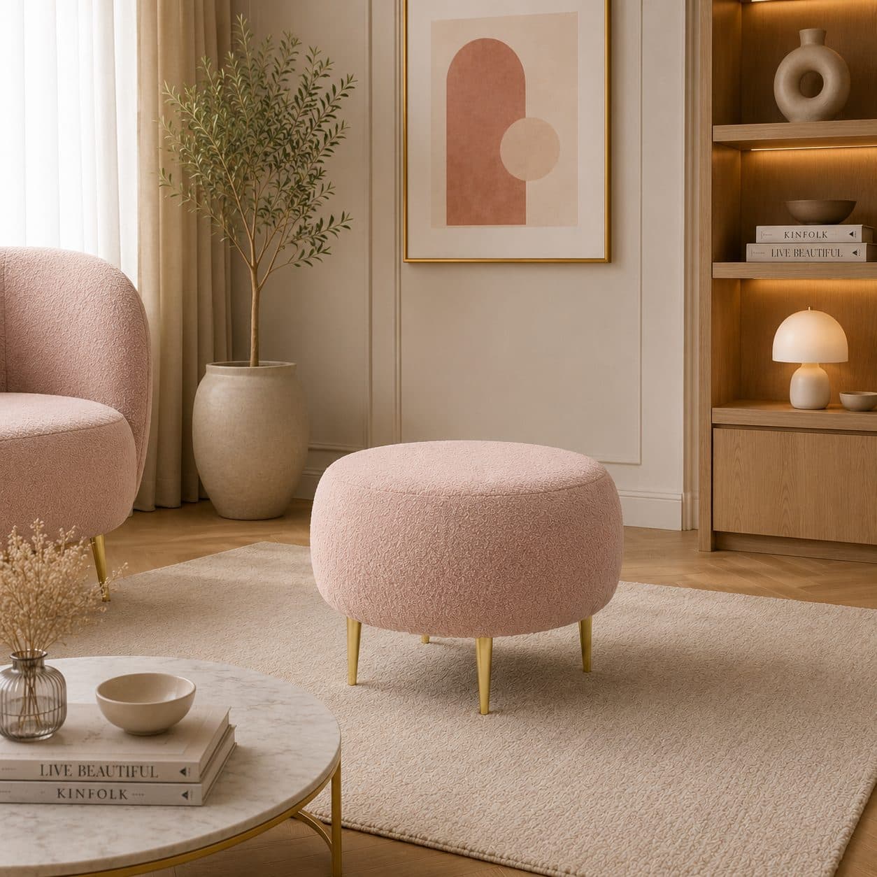Pufa Aurea do salonu – elegancka pufa tapicerowana na złotych nogach