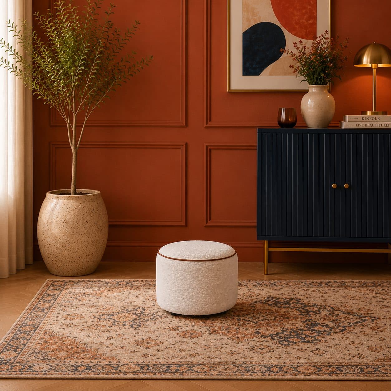 Pufa Luma – designerska pufa tapicerowana do salonu, miękka pufa wypoczynkowa i podnóżek o zaokrąglonej formie.