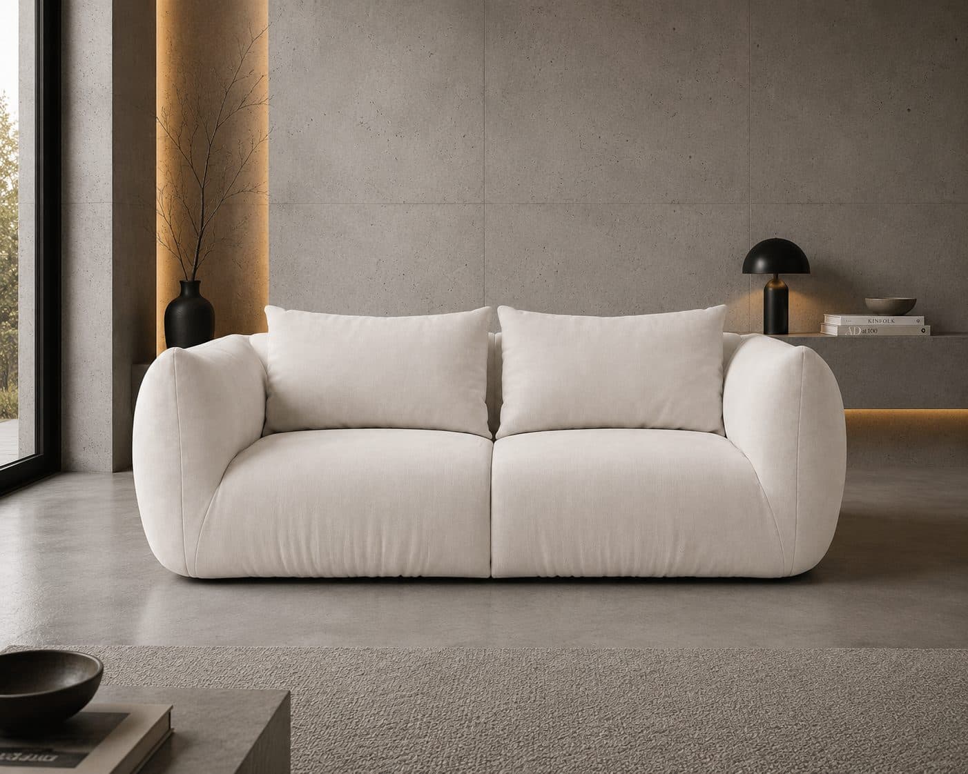 Sofa Mova 2-osobowa – designerska sofa tapicerowana do salonu o miękkiej, organicznej formie i zaokrąglonych podłokietnikach