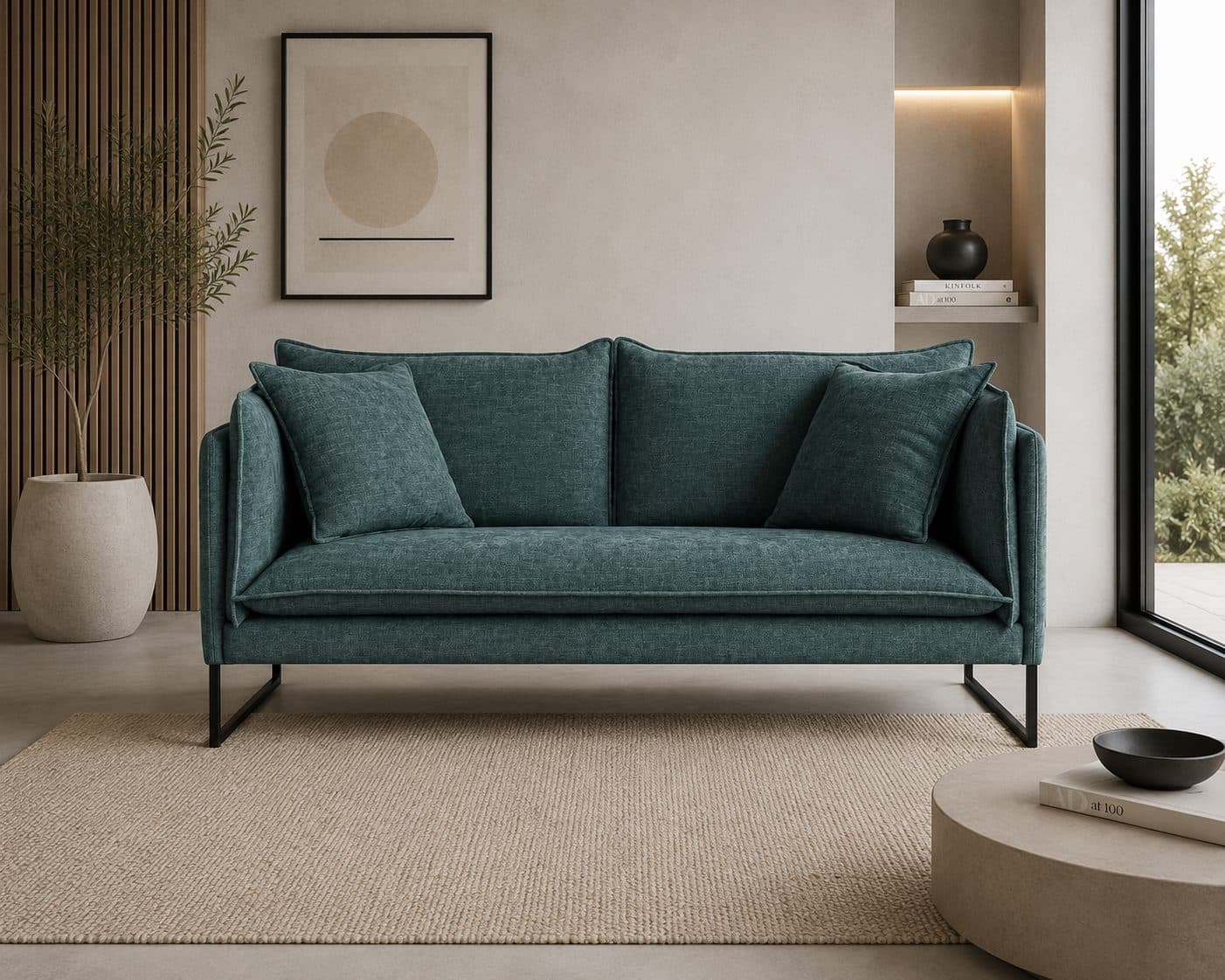 Sofa 2-osobowa Elio do salonu – elegancka sofa tapicerowana z miękkimi poduszkami i metalową podstawą