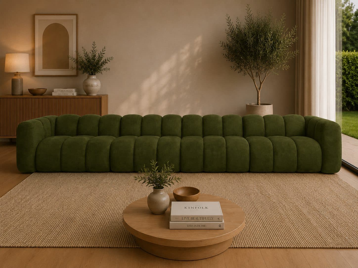 Ciemnozielona sofa modułowa MIO Maxi do salonu z miękkimi, zaokrąglonymi siedziskami